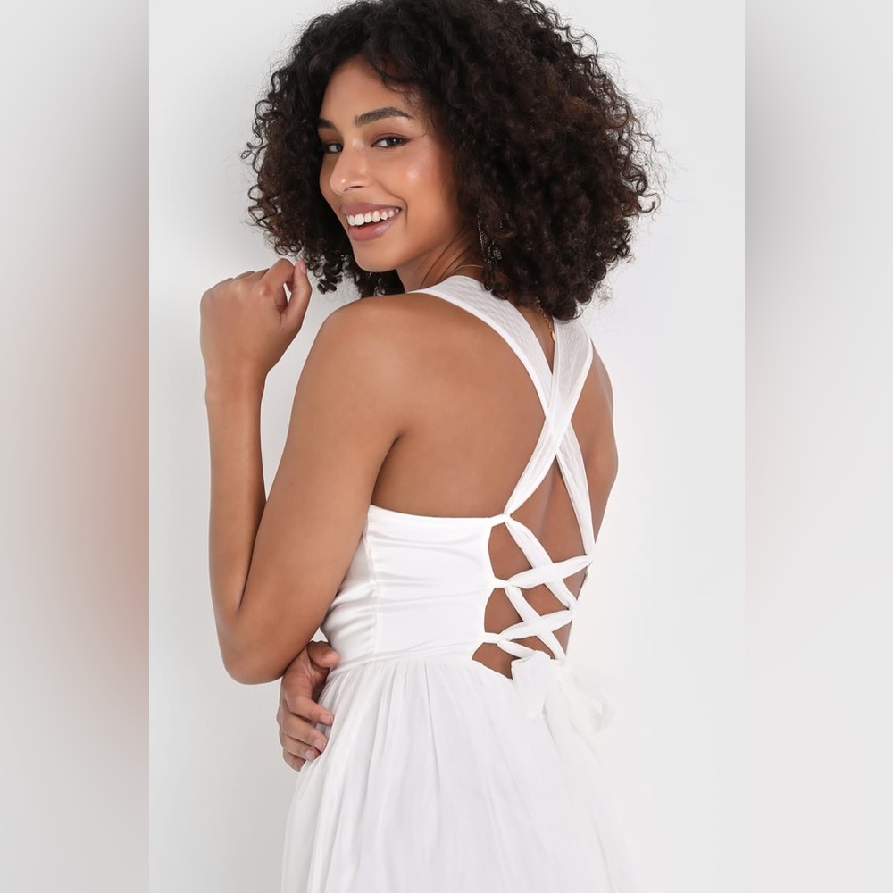🆕“Lulus” Twirling For You Ivory Lace-Up Bustier Tulle Midi Dress XLG - Picture 2 of 13